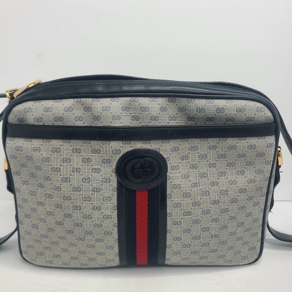 GUCCI Micro Web GG Monogram Crossbody Bag Canvas Navy Gold Vintage Italy - Picture 2 of 16